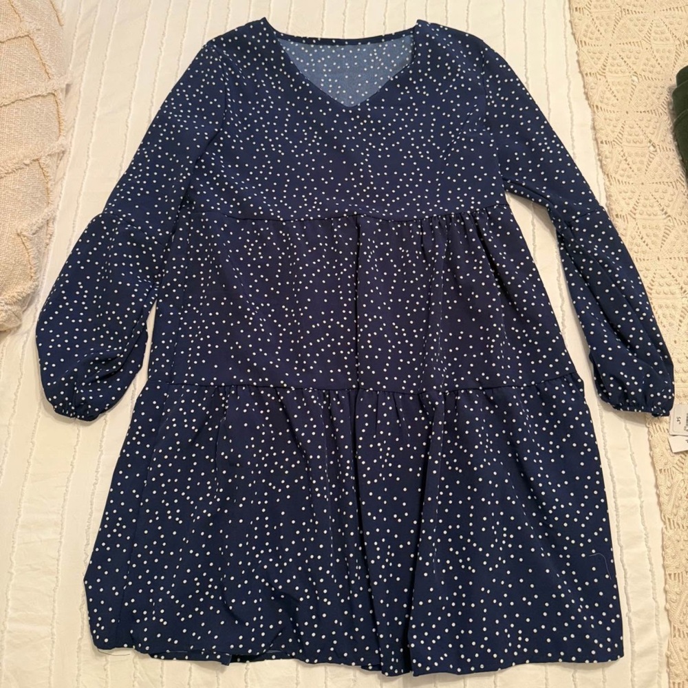 Amazon Long Sleeve Navy Dress with White Dots